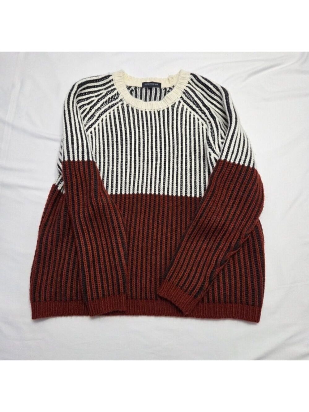 Warehouse One Chunky Knit Colorblock Striped Crewneck Sweater Rust Cream Size M